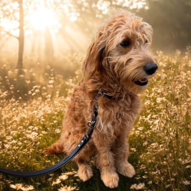 ZAVVIT Flex3 Joggingleine Ein brauner Hund sitzt auf einer blühenden Wiese mit Sonnenstrahlen im Hintergrund.